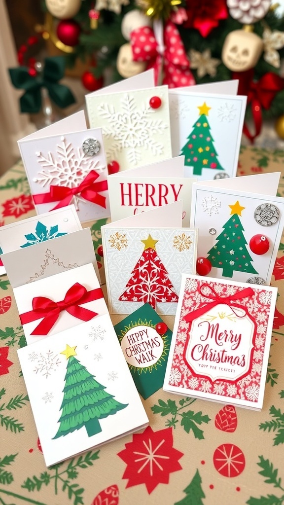A variety of handmade 6x6 Christmas cards with festive designs on a decorated table.